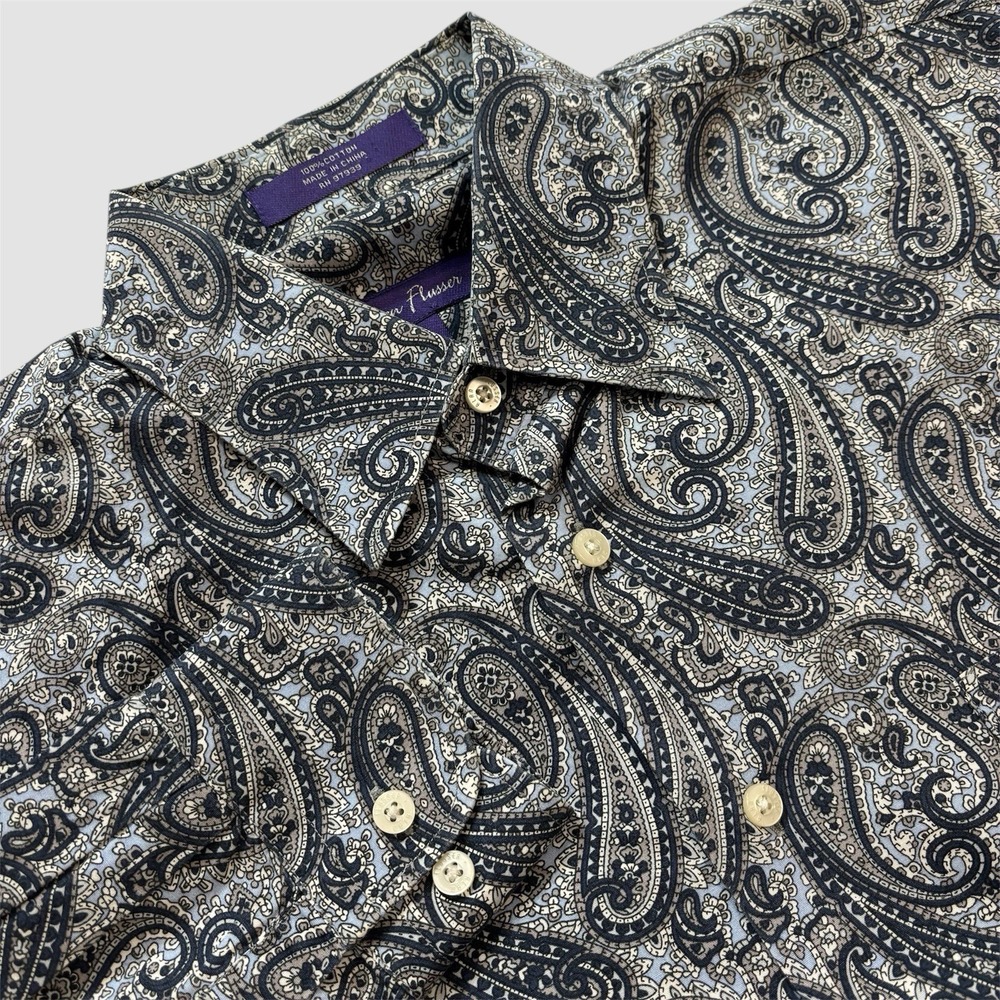 Alan Flusser Men's Large Blue Paisley Long Sleeve Cotton Button Down Shirt